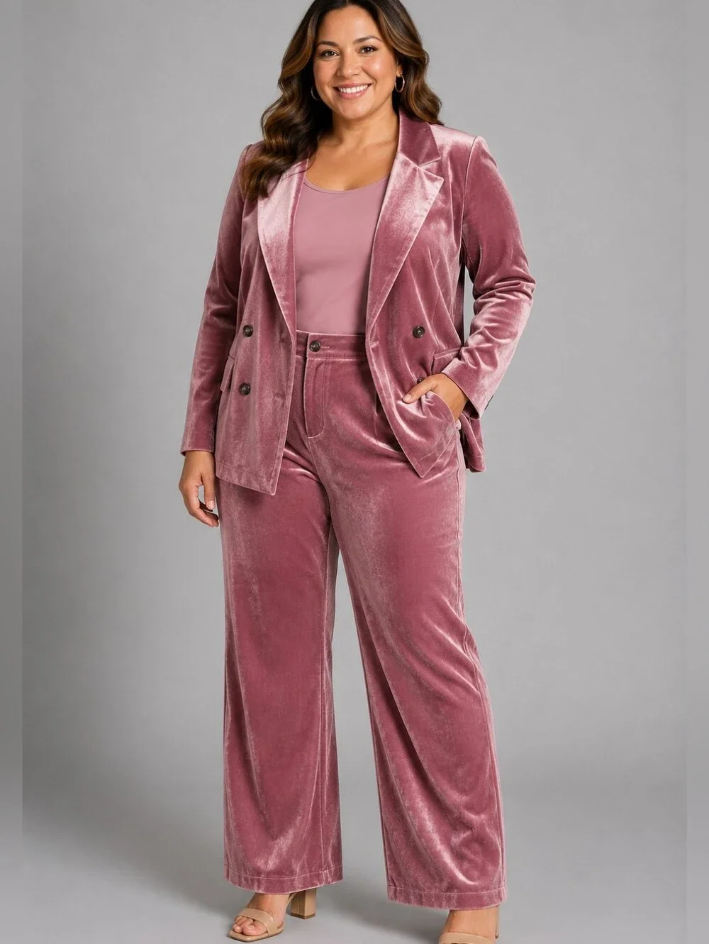 Velvet Wide-Leg Pants And Blazer — Suit -- Dusty Rose Size XL - Picture 1 of 5